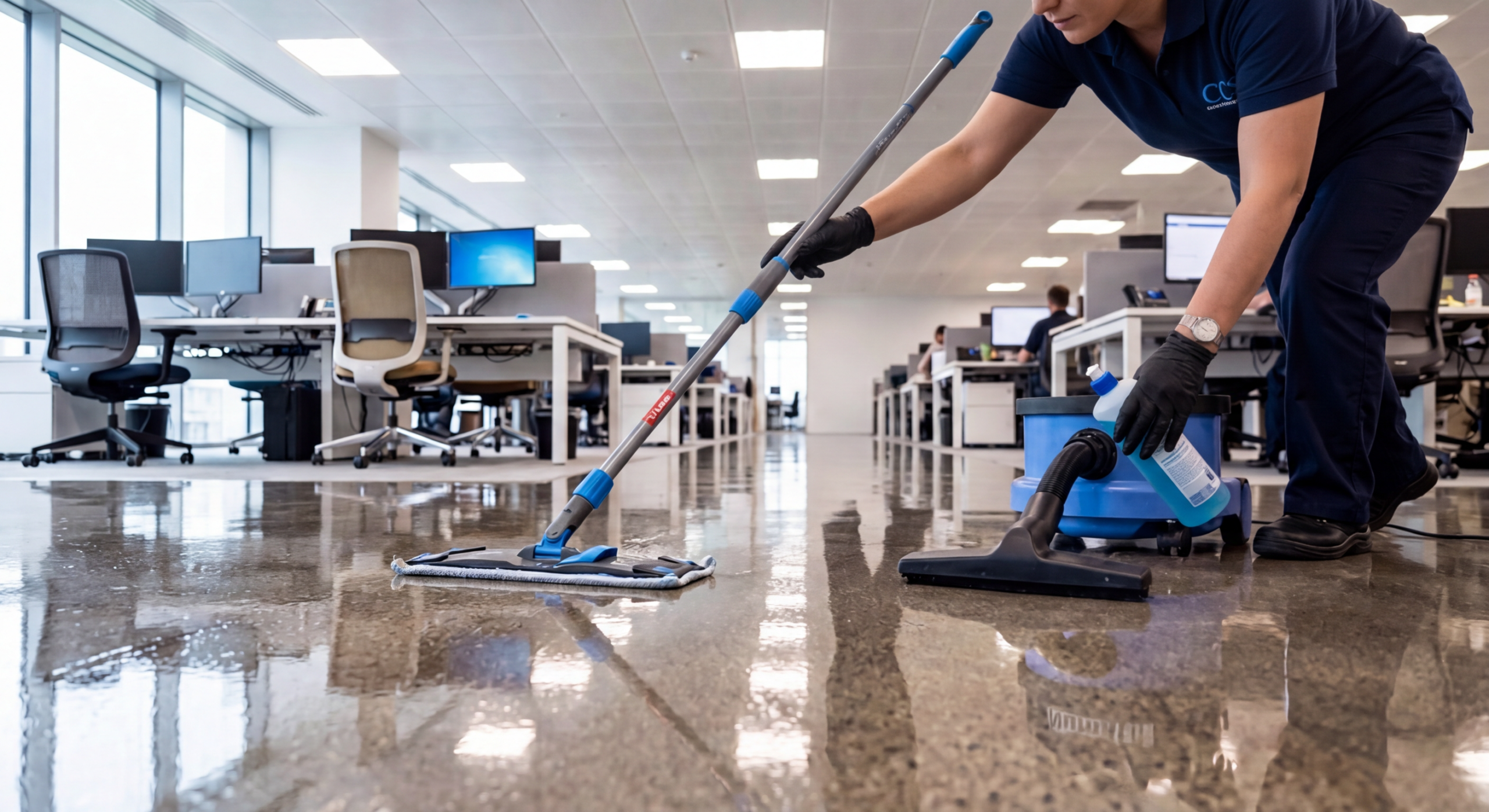 Firefly_Gemini Flash_low angle shot of commercial office floor being vacuumed and mopped, female cleaner h 391772