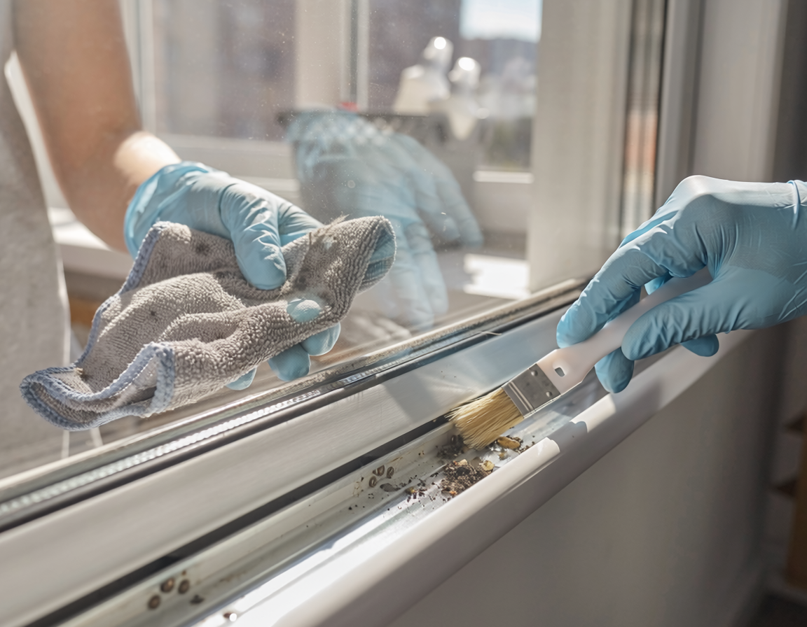 Firefly_female cleaner (face not visible) carefully cleaning window tracks and frame using a 868109